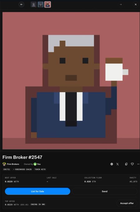 A Cryptopunks NFT profile page showing 'Firm Broker #2547', a pixelated character in a blue suit and tie holding a coffee cup, valued at 0.0229 ETH.