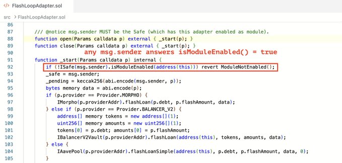 Screenshot of FlashLoopAdapter.sol source code showing the _start function (lines 86-109) which fails to verify that msg.sender is the Safe module manager, instead only checking if msg.sender answers isModuleEnabled() == true, illustrating the access control vulnerability described.