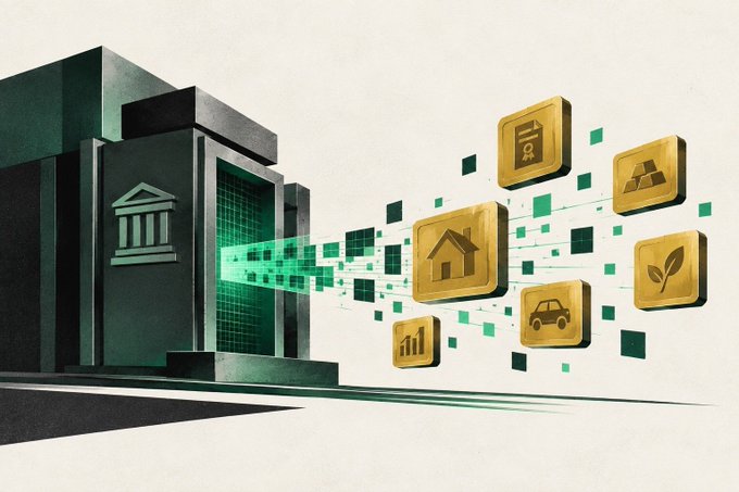 A stylized bank building emits digital green streams that transform into golden icons representing real-world assets—gold bars, a house, a car, a chart, and a plant—illustrating how tokenization converts traditional financial holdings into digital representations. The imagery visually reinforces the article's claim about tokenization delivering 18.6% average annual returns in Brazil, depicting the flow of institutional assets into blockchain-based investment forms.