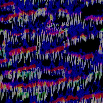 An abstract digital image with vertical streaks of blue, black, red, and white in a chaotic pattern.
