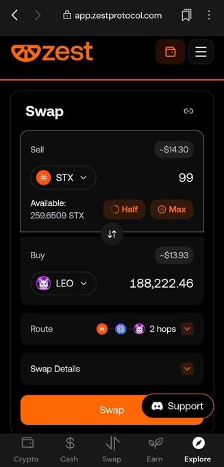 A screenshot of the Zest Protocol mobile app showing a Swap interface to exchange 99 STX for approximately 188,222.46 LEO tokens, with a 2-hop route displayed.