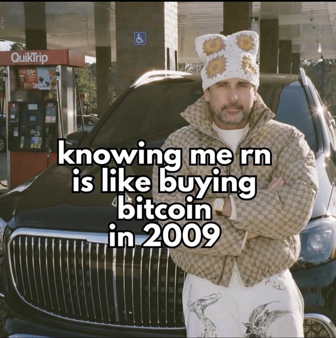 The image shows a man in a designer beanie and patterned puffer jacket standing confidently in front of a luxury black vehicle at a QuikTrip gas station, with overlaid text reading "knowing me rn is like buying bitcoin in 2009." The meme humorously reinforces the post's message welcoming 229 new XEROS community members, drawing a parallel between joining early and buying $BTC back when it was around $150, suggesting that these early adopters are positioned for similar outsized returns.