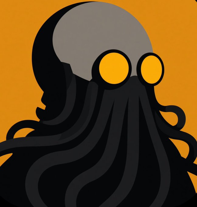 A stylized digital illustration of a black silhouette figure with a large round gray head, glowing yellow eyes, and tentacles extending outward against an orange background.