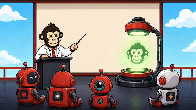 A cartoon illustration of a monkey teacher in a lab coat pointing at a green holographic monkey head, while four small robots watch attentively in a classroom setting.