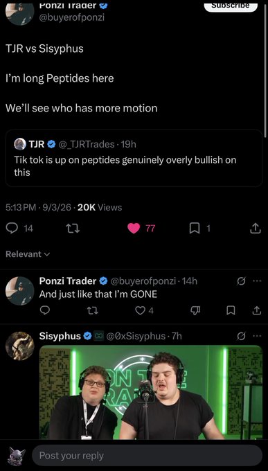 A Twitter/X post by Ponzi Trader (@buyerofponzi) saying "TJR vs Sisyphus / I'm long Peptides here / We'll see who has more motion," quoting @_TJRTrades's bullish TikTok take on peptides, with 20K views, 77 likes, and 14 replies, followed by Ponzi Trader's reply "And just like that I'm GONE" and a video reply from @0xSisyphus. The captain's landing announcement caption humorously frames the back-and-forth exchange as a turbulent in-flight conversation between the two traders about the peptides stock, with Ponzi Trader already bailing out before touchdown.