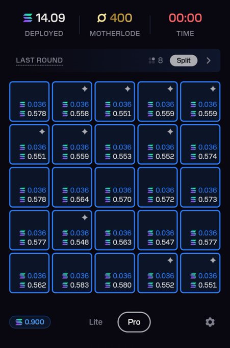 A digital dashboard interface displaying metrics such as '14.09 DEPLOYED', '400 MOTHERLODE', and '00:00 TIME', above a grid of 25 boxes showing various numerical values (0.036 and ranges like 0.548-0.583).