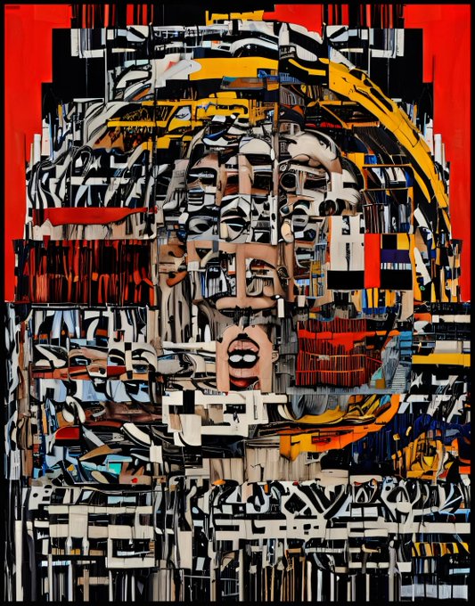 A bold, chaotic abstract artwork titled "natural habitat (2026)" featuring a dense collage of fragmented forms, distorted faces, and vibrant red, yellow, blue, and black shapes, currently up for auction on SuperRare with a bid of 0.1 ETH. The piece visually echoes the post's announcement as the opening lot in an ongoing digital art auction.