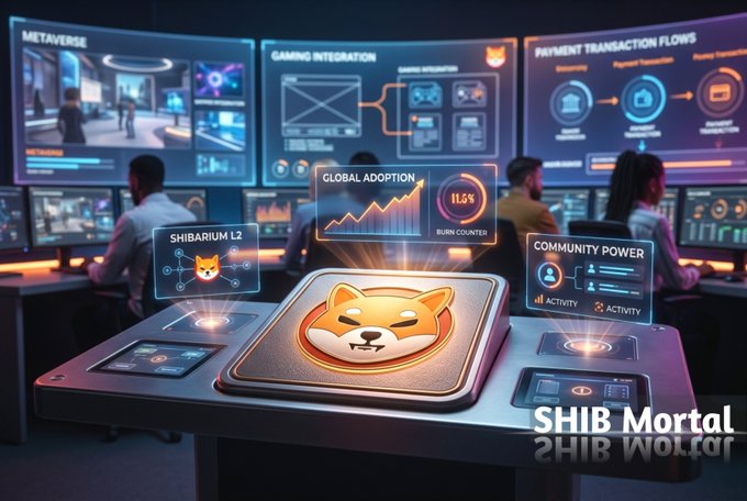 A futuristic control room scene with monitors labeled 'METAVERSE', 'GAMING INTEGRATION', and 'PAYMENT TRANSACTION FLOWS', featuring a Shiba Inu coin and a 'SHIB Mortal' logo.