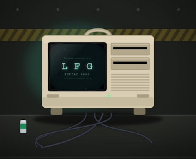 A vintage computer monitor displays the text "LFG SUPPLY 6666" with a battery icon and cables, illustrating the HypeTerminals NFT giveaway for 12 GTD spots on the HYPE chain.