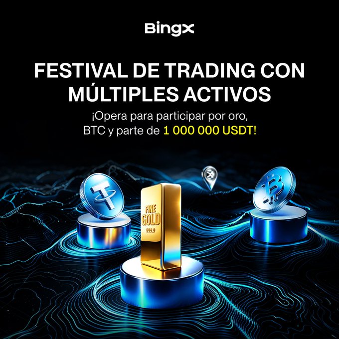 A BingX cryptocurrency promotional banner in Spanish titled 'FESTIVAL DE TRADING CON MÚLTIPLES ACTIVOS' featuring 3D renderings of a gold bar, Tether coin, and Bitcoin coin on podiums.