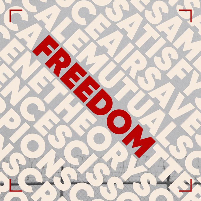 A graphic design with the word 'FREEDOM' written diagonally in bold red letters over a repeating background pattern of the word 'SAMSUNG' in white.