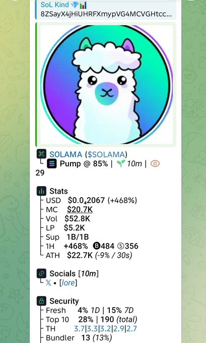 A screenshot of a token page shows a cartoon alpaca/llama illustration for 'SOLAMA ($SOLAMA)' with stats indicating 'Pump @ 85%', 'MC $20.7K', 'Vol $52.8K', and '1H +468%'.