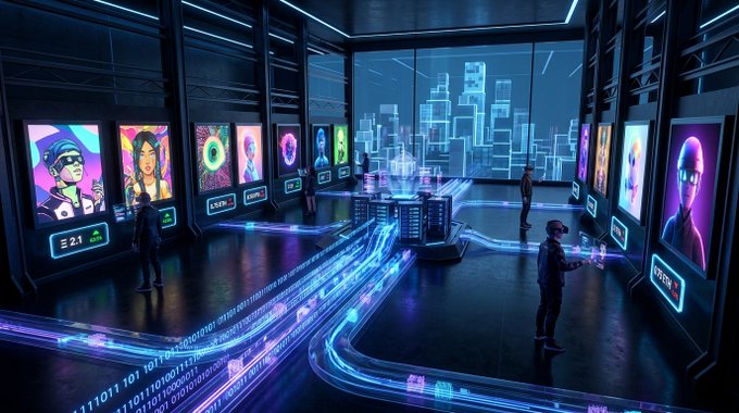A futuristic digital art scene showing avatars and people in a cyberpunk environment with neon screens, holographic displays, and binary code streams.