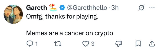 A screenshot of a tweet from "Gareth" (@Garethhello) displaying the dismissive comment "Omfg, thanks for playing. Memes are a cancer on crypto," which directly contradicts the accompanying post's argument that memes themselves aren't the problem but rather the people pushing them.