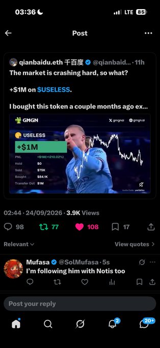 A social media post by '千百度' (qianbaidu.eth) showing a PNL chart with the text 'The market is crashing hard, so what? +$1M on $USELESS.'