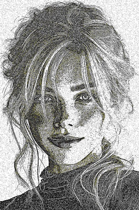 A detailed pen and ink stippling portrait of a young woman with long hair wearing a dark turtleneck.