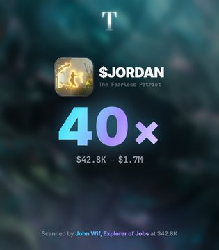 A stylized graphic shows "$JORDAN - The Fearless Patriot" token at the top, with a prominent "40x" multiplier displayed in glowing teal and purple text, and a price range of "$42.8K – $1.7M" below, indicating a 40x return on a $42.8K investment. The image relates to the post by celebrating user @RealJohnWif's successful 40x gain on the $JORDAN token, with credit reading "Scanned by John_Wif, Explorer of Jots at $42.8K."