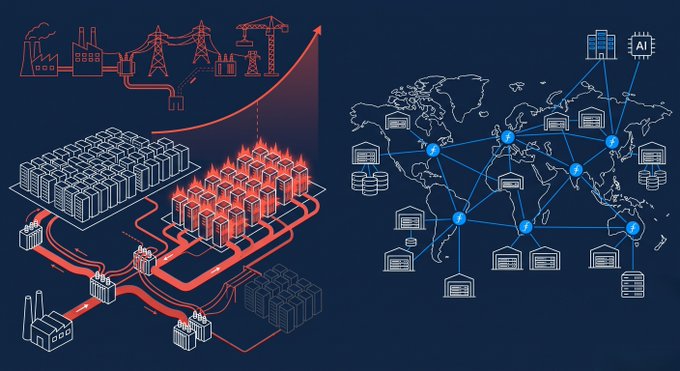 The image illustrates the growing energy demands of global data centers (left) alongside a connected worldwide network map (right), visually reinforcing the post's message about surging power consumption—565 TWh projected by 2026—with Filecoin positioned as leveraging existing power infrastructure. Key elements include industrial facilities, server racks with heat/fire indicators suggesting energy intensity, and a globe networked with servers, cloud storage, and AI icons representing the expanding digital infrastructure driving this power draw.