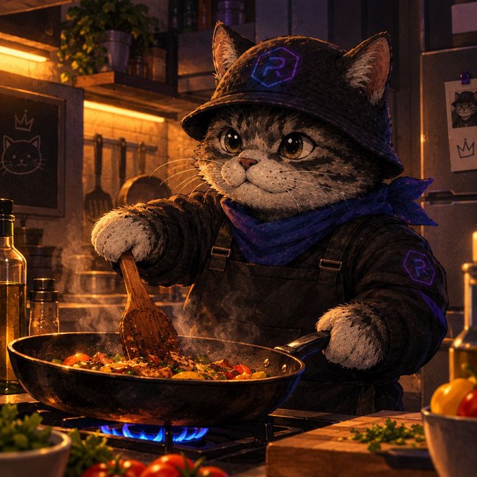 A digitally illustrated anthropomorphic tabby cat wearing a bucket hat with an "R" logo and a blue bandana cooks food in a wok on a stovetop, with the cat holding a wooden spatula amid steam rising from the dish.