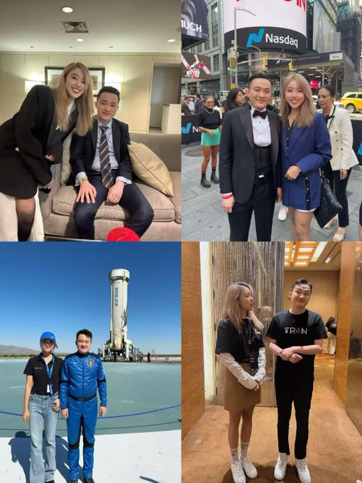 A collage of four photos shows a woman posing with Justin Sun in various notable settings, including beside a Nasdaq sign, in front of a Blue Origin rocket, wearing a TRON shirt, and in casual indoor shots. The images capture their different meetings and outings together, reflecting the warm friendship mentioned in the birthday tribute.