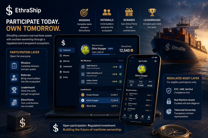 A promotional graphic for "EthraShip" featuring dark blue and gold tones, showing a cargo vessel, a laptop and smartphone interface, and text reading "PARTICIPATE TODAY. OWN TOMORROW."