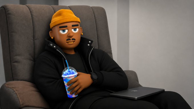A 3D animated-style character with brown skin, a yellow beanie, and a black hoodie sits in a gray armchair holding a blue slushie drink next to a laptop.