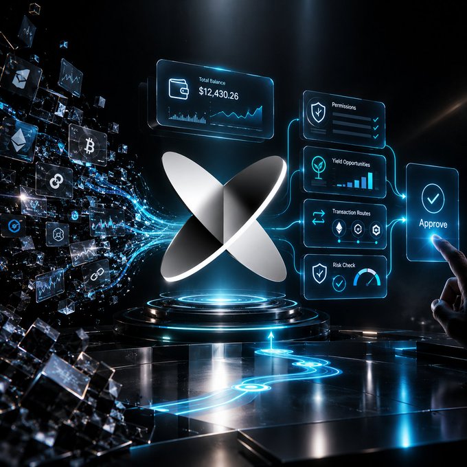 A digital 3D render of a cryptocurrency interface showing a central 'X' logo, a 'Total Balance' of '$12,430.26', and various panels for 'Permissions', 'Yield Opportunities', 'Transaction Routes', and 'Risk Check', with a finger pressing an 'Approve' button.