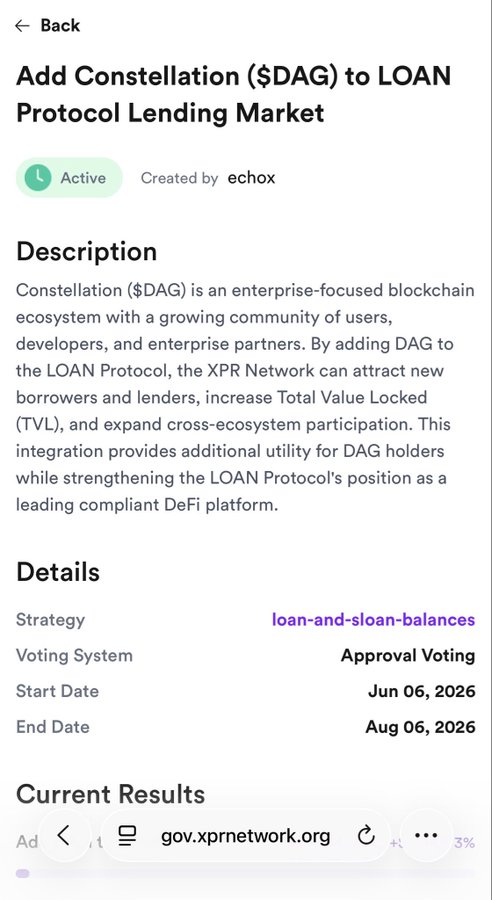 The image shows a phone screen with text that reads "Add constellation (6 Dag) to LOAN Protocol lending market". The text also includes details about the vote, stating that it was approved by the community on August 6th, 2016.