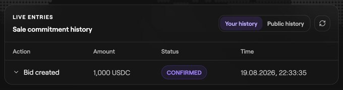 The image shows a "Live Entries" section displaying a "Sale commitment history" with a bid of 1,000 USDC confirmed at 19.08.2026, 22:33:35, which serves as receipt/proof of the author's $1,000 USDC participation in the $MULT ICO mentioned in the post.