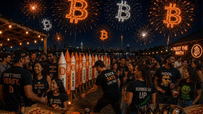 An illustration of a crowd at a Bitcoin-themed party with fireworks shaped like the 'B' logo, featuring people wearing shirts with slogans like "DON'T TRUST. VERIFY." and "HODL".