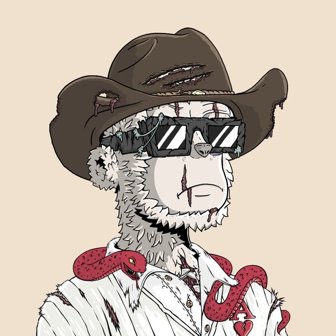 An illustrated character of a person wearing a tattered cowboy hat, shutter-shade sunglasses, and a fur-lined shirt, with a red snake draped around their shoulders.