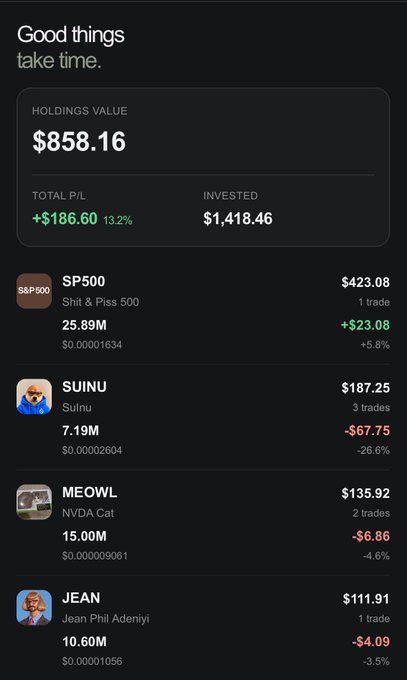A portfolio holdings update showing a total value of $858.16 with a +$186.60 (13.2%) gain on $1,418.46 invested, featuring $SP500 (+$23.08, +5.8%) as the only profitable holding, while $SUINU (-$67.75), $MEOWL (-$6.86), and $JEAN (-$4.09) are all in the red.