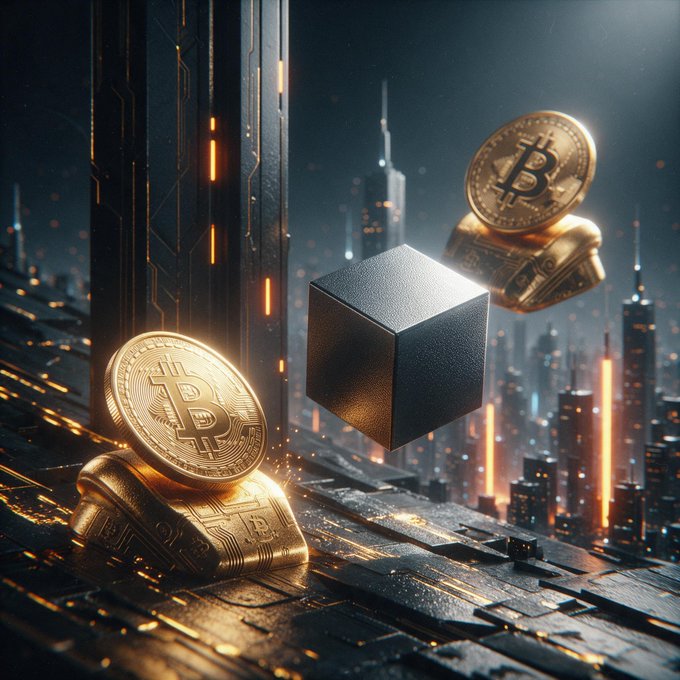 A futuristic cyberpunk scene featuring golden Bitcoin coins resting on a textured metallic surface with a cityscape in the background and a black cube floating in the center.