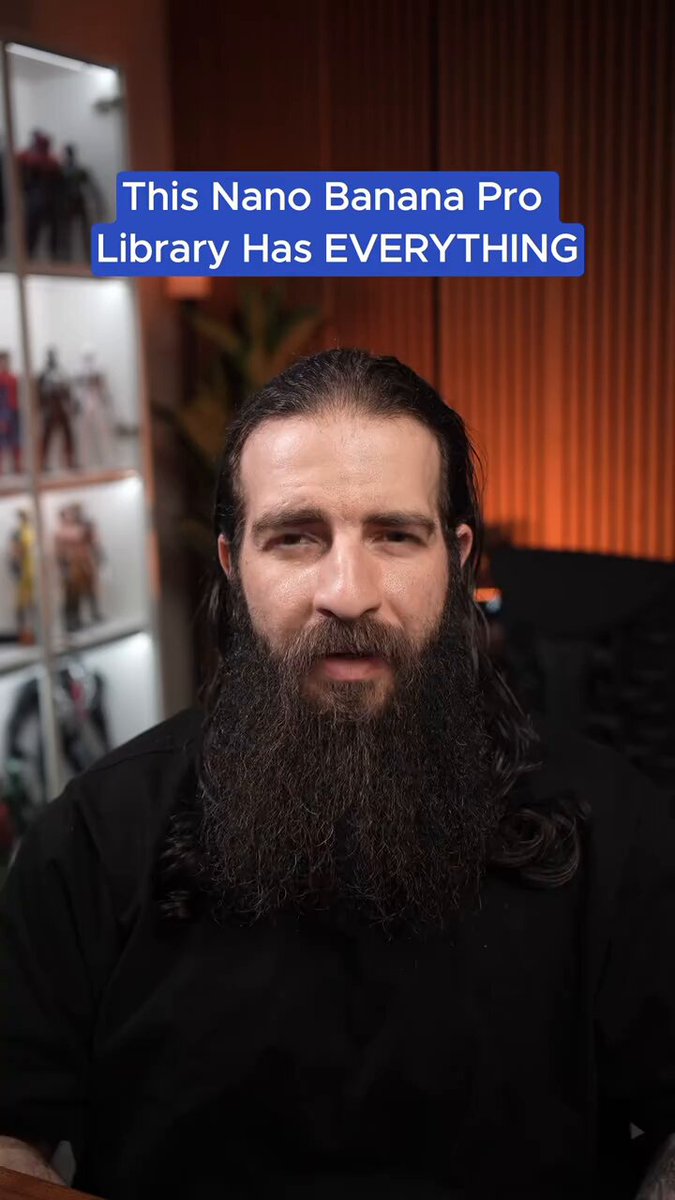 The image features a man with long hair wearing a black shirt. There is a text box present that reads "This Nano Banana Pro library has everything". The text appears to be either a caption or an advertisement, but no further context can be provided from the image alone to determine its purpose or relevance to the viewer.