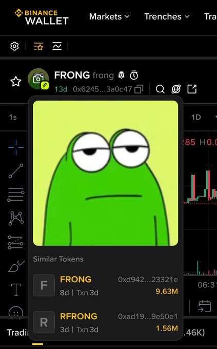The image shows Binance Wallet displaying a meme of a tired-looking green frog with droopy eyes next to the token "FRONG," addressing Binance Wallet about their wrong profile picture for the $FRONG token and requesting they update it to the attached frog meme image.