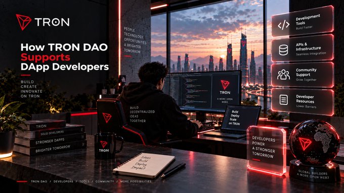 A promotional graphic for TRON DAO titled 'How TRON DAO Supports DApp Developers,' listing features like 'Development Tools Build Faster' and 'APIs & Infrastructure Seamless Integration,' with a person working at a computer setup.