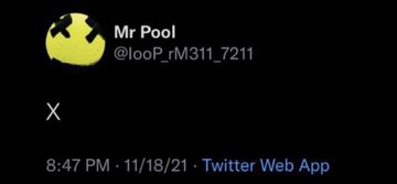A screenshot of a tweet from "Mr Pool" (@looP_rM311_7211) reading simply "X" with an X logo, timestamped 8:47 PM on 11/18/21 from Twitter Web App. The image visually represents the symbolic "X" mentioned in the post about $XRP hitting an 181st day milestone.