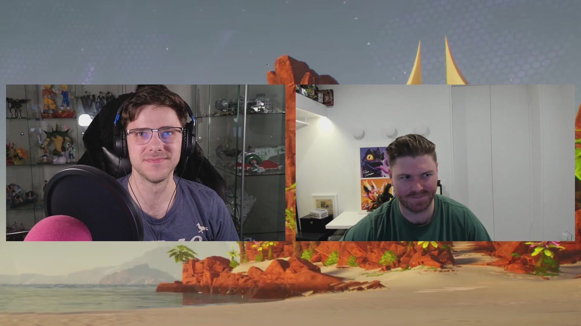 The image shows two men sitting next to each other, both wearing headphones and smiling at the camera. They are positioned in front of a large screen that displays an advertisement for a product called "LIVE" or "Kieran Warwick Reveals his NEW Product for Gamers". The background features a beach scene with palm trees and mountains, creating a relaxed atmosphere.