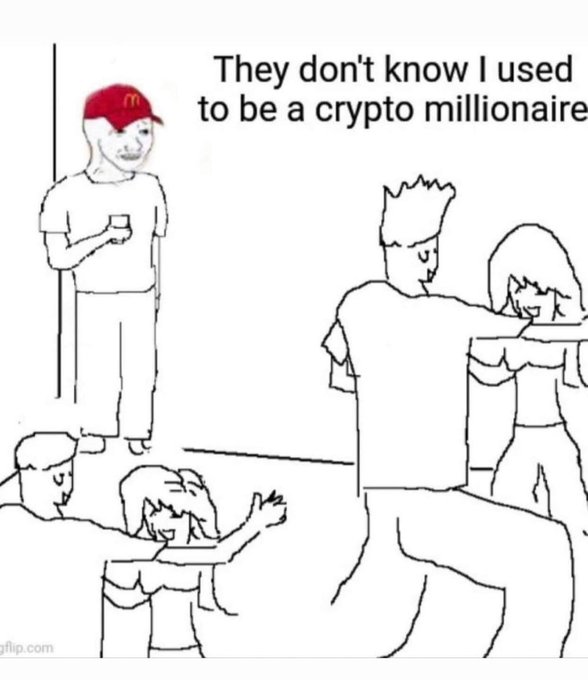 A Wojak meme depicting a figure in a red cap standing alone at a party, with text reading 'They don't know I used to be a crypto millionaire'.