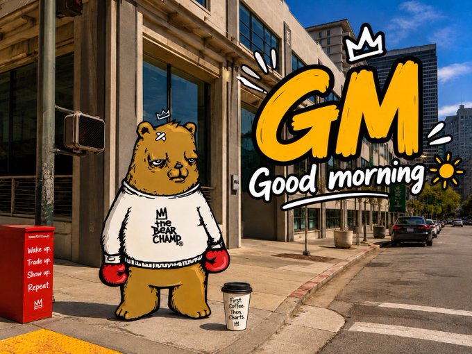 An illustrated brown bear character wearing a 'MR. ONE YEAR CHAMP' sweater and red boxing gloves stands on a city street corner next to a coffee cup reading 'First Coffee Then Charts', with 'GM Good morning' displayed in large yellow text.
