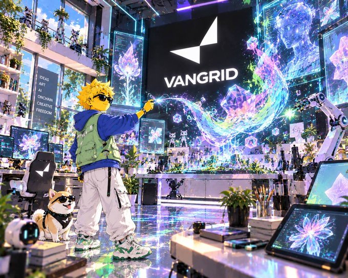 A vibrant digital artwork featuring a person in yellow sunglasses and a green vest in a futuristic tech space, with 'VANGRID' displayed on a large screen amidst holographic lotus flowers and NFT displays.