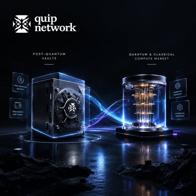 A promotional graphic for 'quip network' displaying 'POST-QUANTUM VAULTS' featuring a safe and 'QUANTUM & CLASSICAL COMPUTE MARKET' featuring a quantum computer.