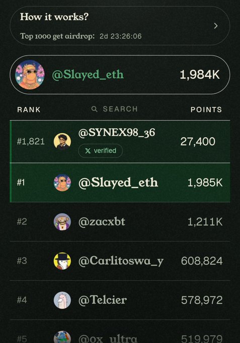 A leaderboard screenshot from vibeFi showing user @Slayed_eth in #1 with 1,985K points, preceded by @SYNEX98_36 in #1,821 with 27,400 points, likely as a vouch request to boost their score.