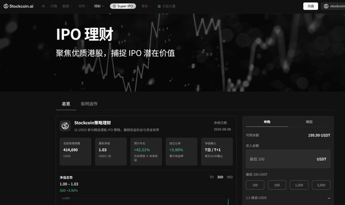 Stockcoin.ai webpage for "IPO 理財" (IPO Wealth Management) targeting Hong Kong stocks, showing 414,690 USDT net value with +42.21% 7-day return.