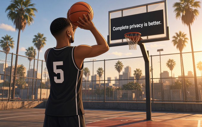 An illustration of a basketball player wearing a black jersey with the number 5, preparing to shoot at a hoop that has a backboard displaying the text 'Complete privacy is better.', set on a court at sunset.
