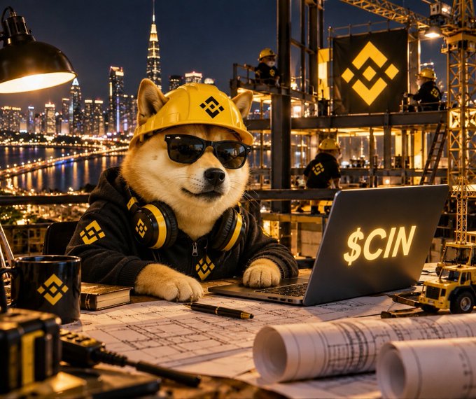 An AI-generated image of a Shiba Inu dog wearing a yellow Binance-themed hard hat and sunglasses, working on a laptop displaying "$CIN" at a construction site with a city skyline at night.
