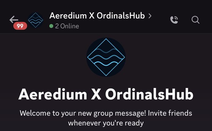 A messaging app screenshot showing a group chat titled 'Aeredium X OrdinalsHub' with 99 notifications and 2 online members.