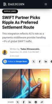 A DailyCoin news article titled 'SWIFT Partner Picks Ripple As Preferred Settlement Route' written by Tadas Klimasevskis, dated September 25, 2026.