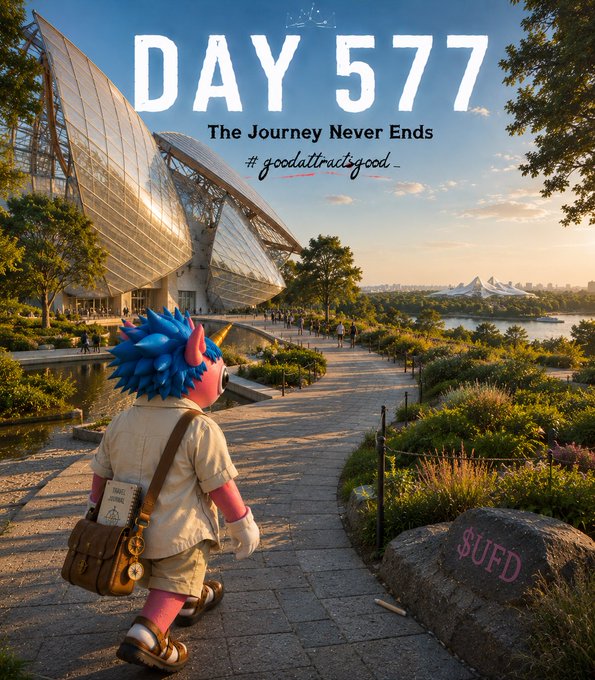 A pink mascot with blue spiky hair stands on a pathway looking toward a futuristic building, with text "DAY 577 - The Journey Never Ends - #goodattractsgood" overlaid on the image and a rock labeled "SUFD" in the foreground. The scene reflects the post's celebratory milestone and community-focused message tied to the $UFD token.