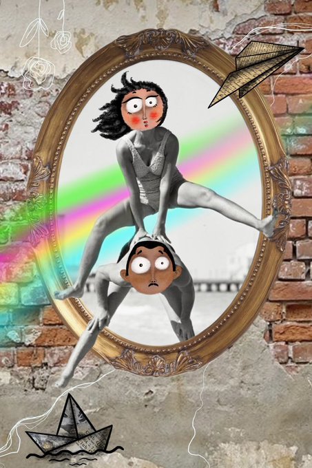 A surreal collage featuring an ornate gold mirror frame on a brick wall, containing a grayscale image of two figures in acrobatic poses against a rainbow backdrop, with paper boat drawings.